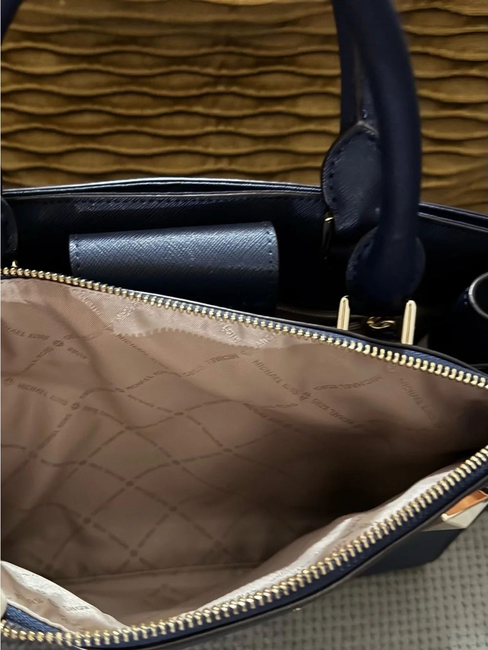 Michael Kors Navy Saffiano Satchel with Gold Hardware